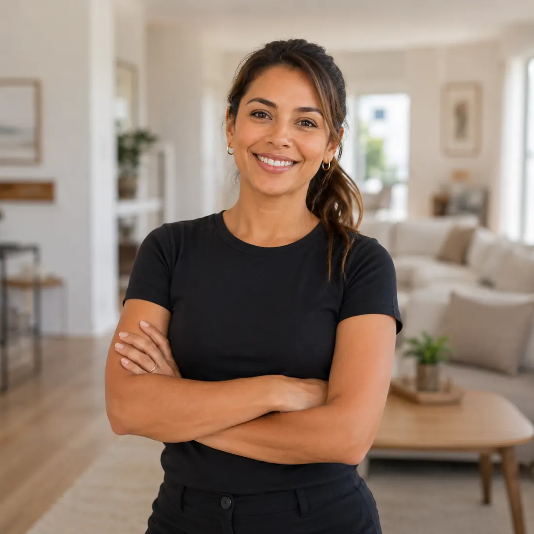 A Hygiene Maids of Plano cleaner in branded uniform standing in a customer living room