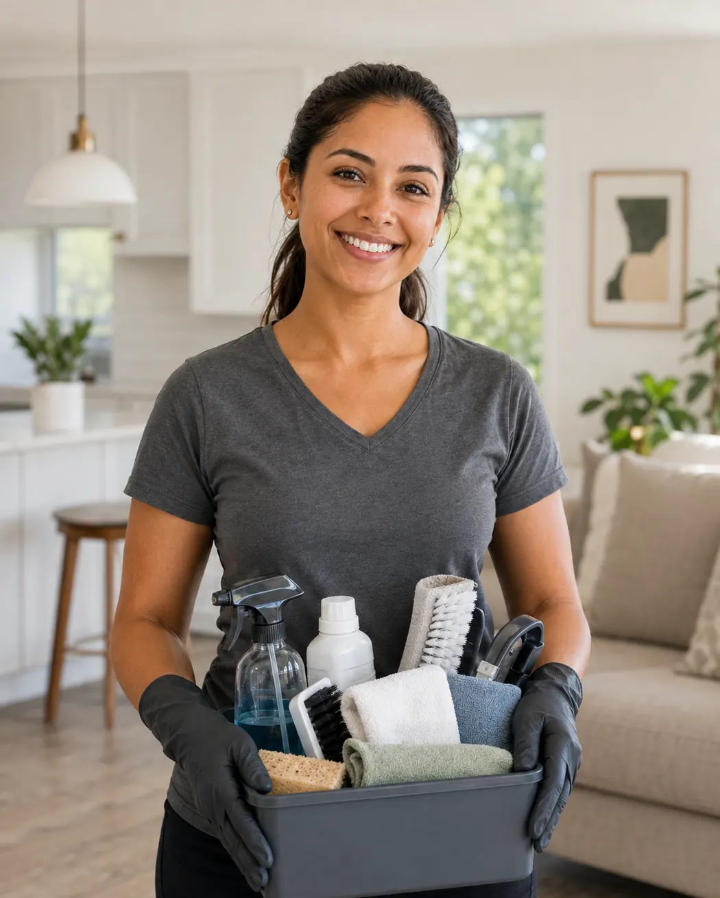 Hygiene Maids of Plano cleaner holding a caddy of cleaning supplies in a customer kitchen