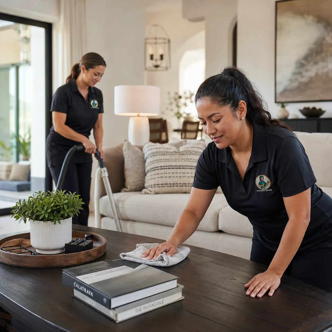 Two Hygiene Maids cleaners dusting a coffee table in the living room of a Plano home