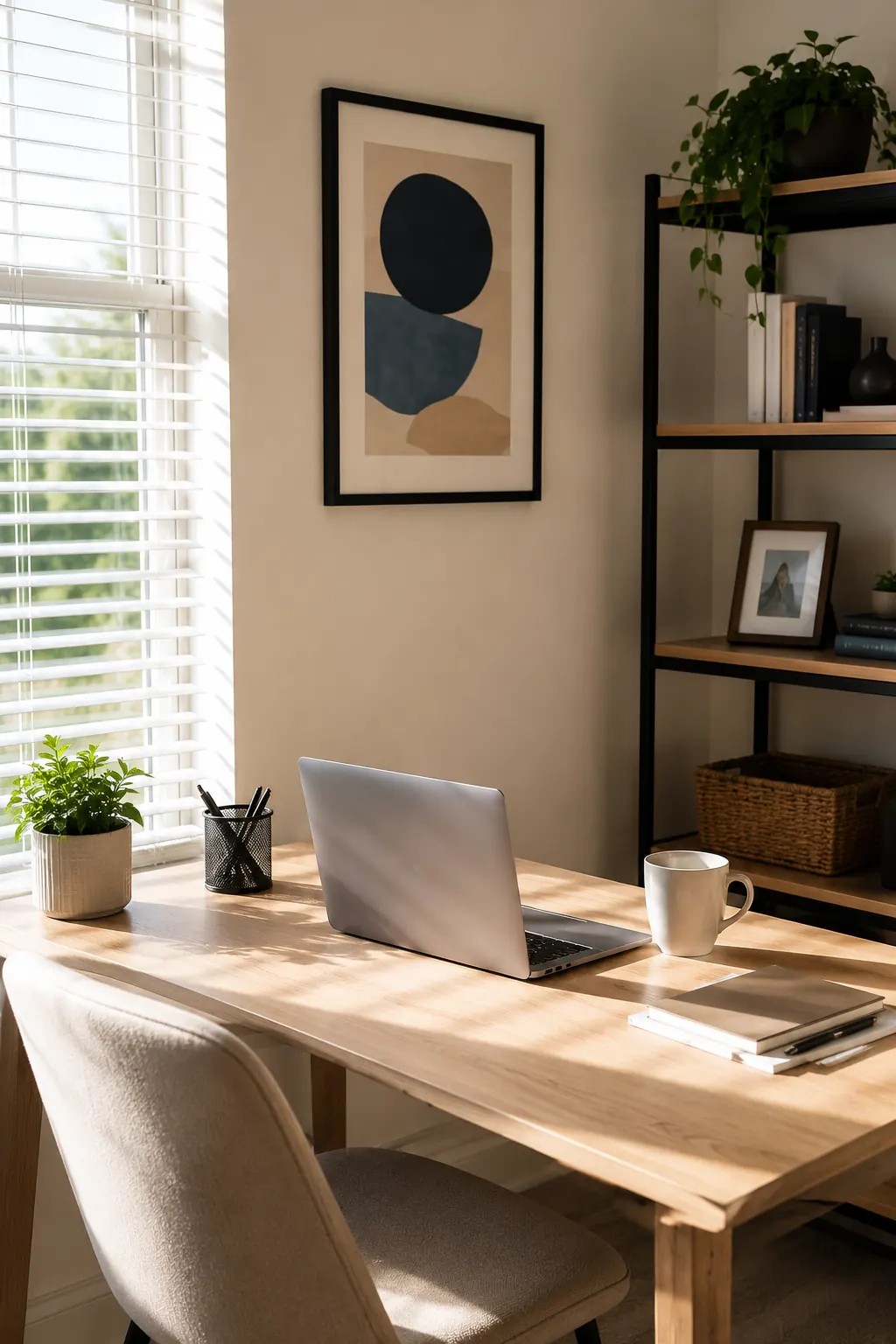 Home office corner in a Plano apartment with a clear desk and dusted shelving