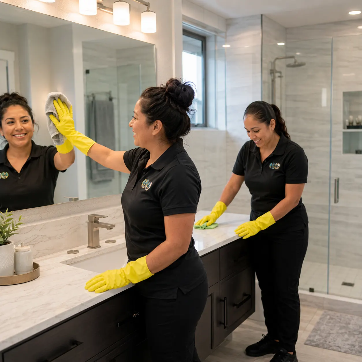 Cleaners working on a bathroom mirror and vanity in a Plano home