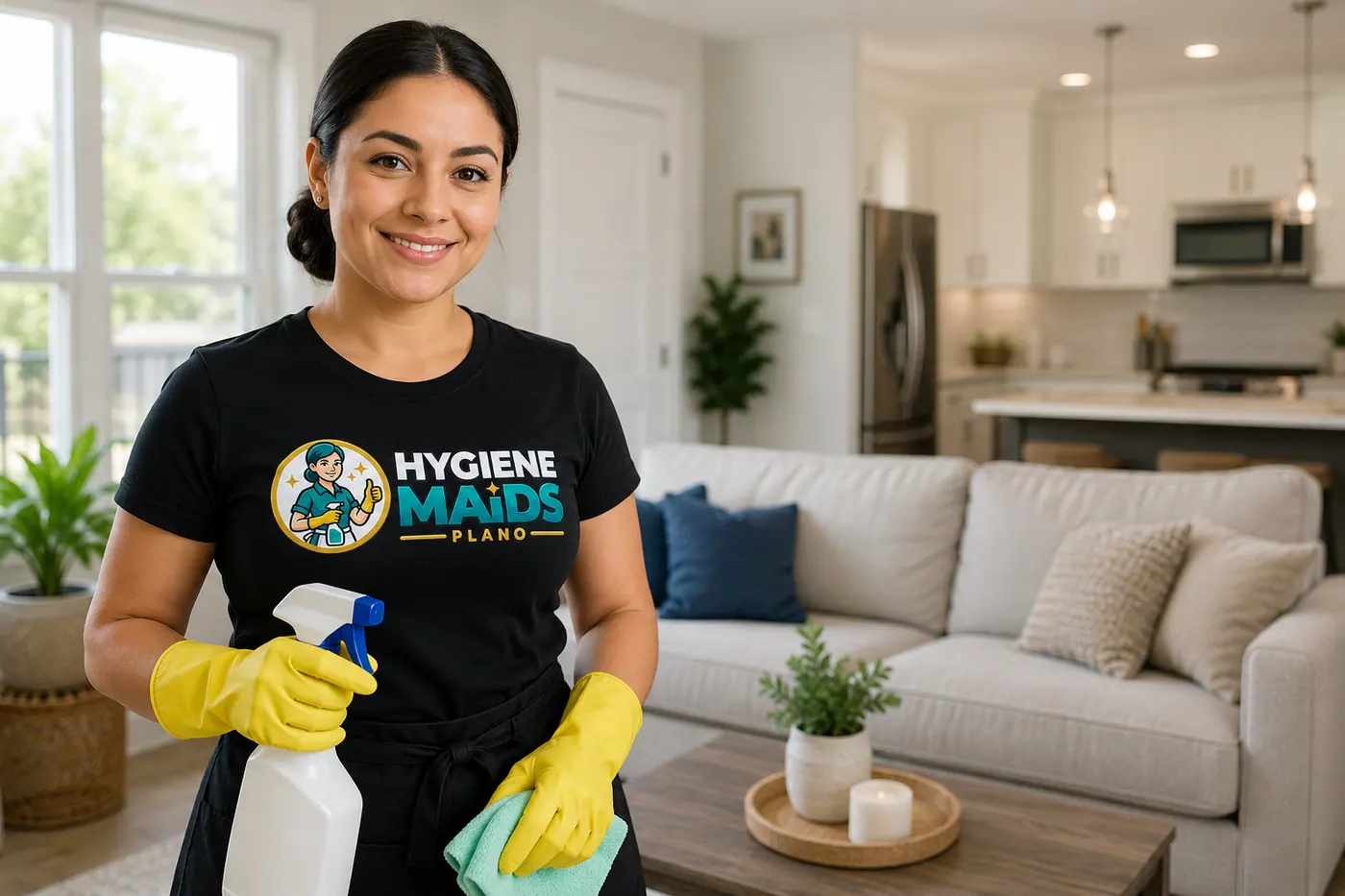 Hygiene Maids of Plano cleaner in a bright living room holding cleaning supplies