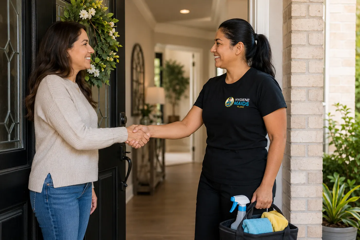 Host greeting a Hygiene Maids cleaner at the entrance of a Plano property