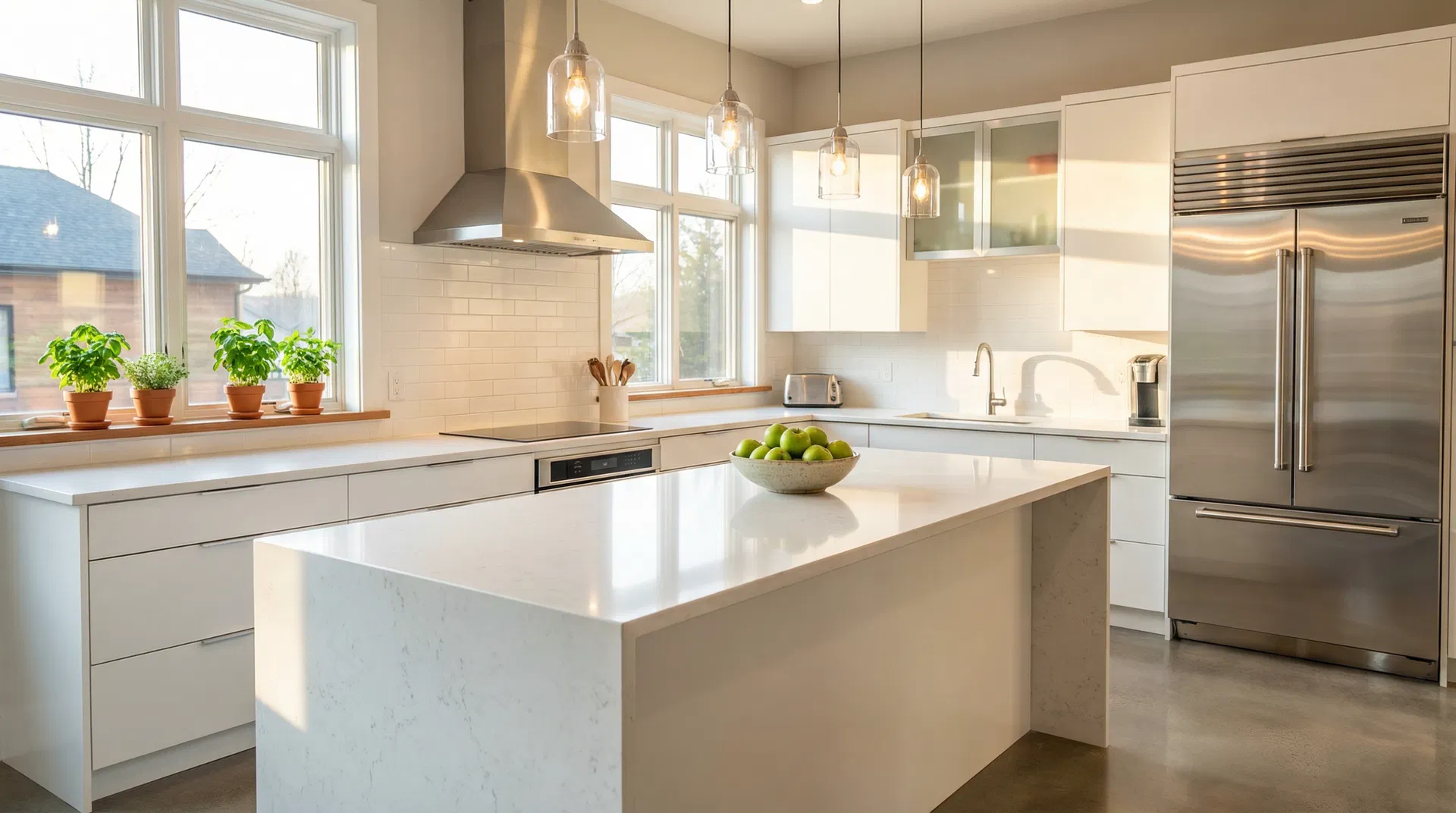 Bright modern kitchen with a white island, pendant lights and herbs on the sill