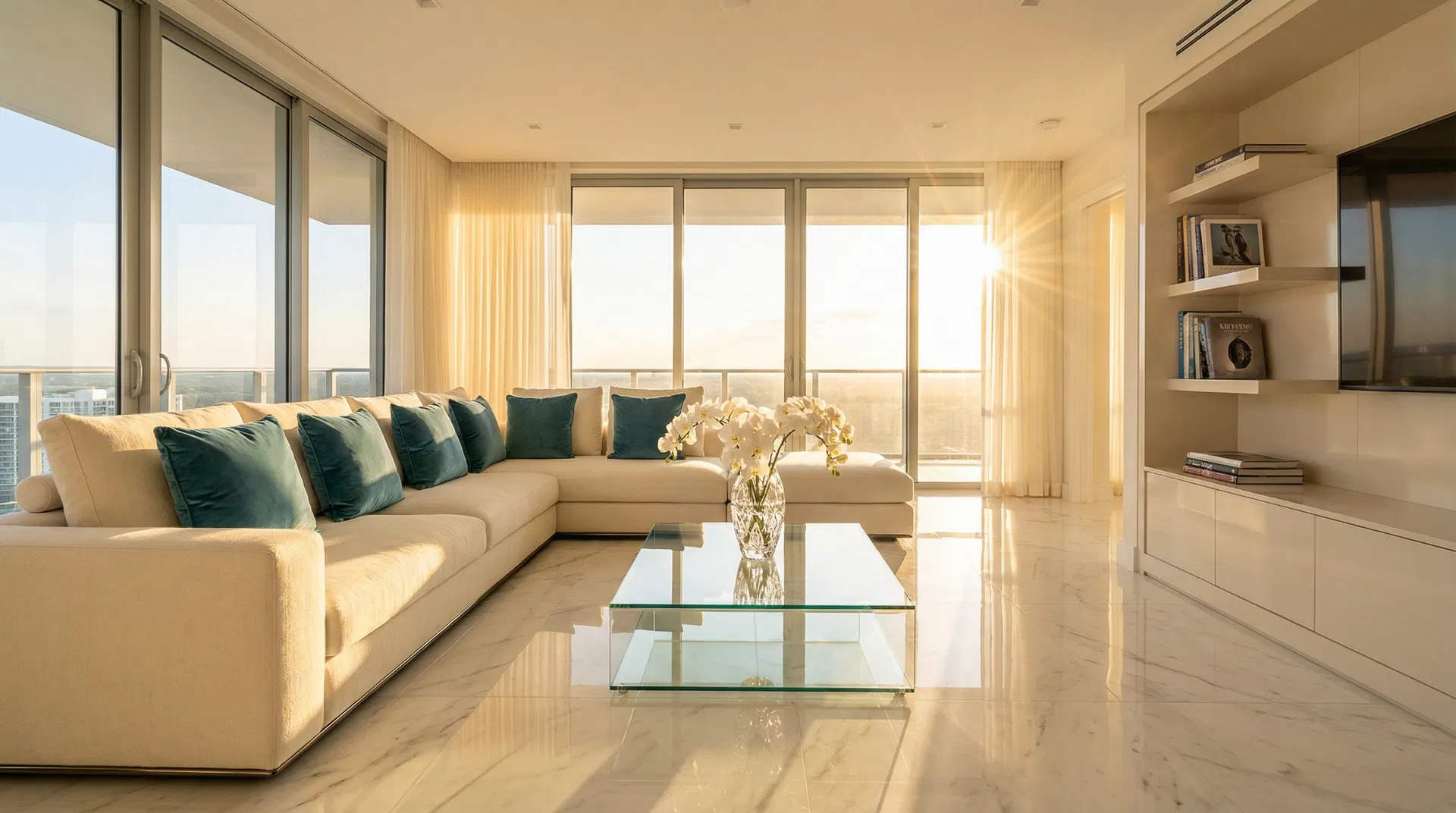 Sunlit living room with a cream sectional and teal cushions, freshly tidied