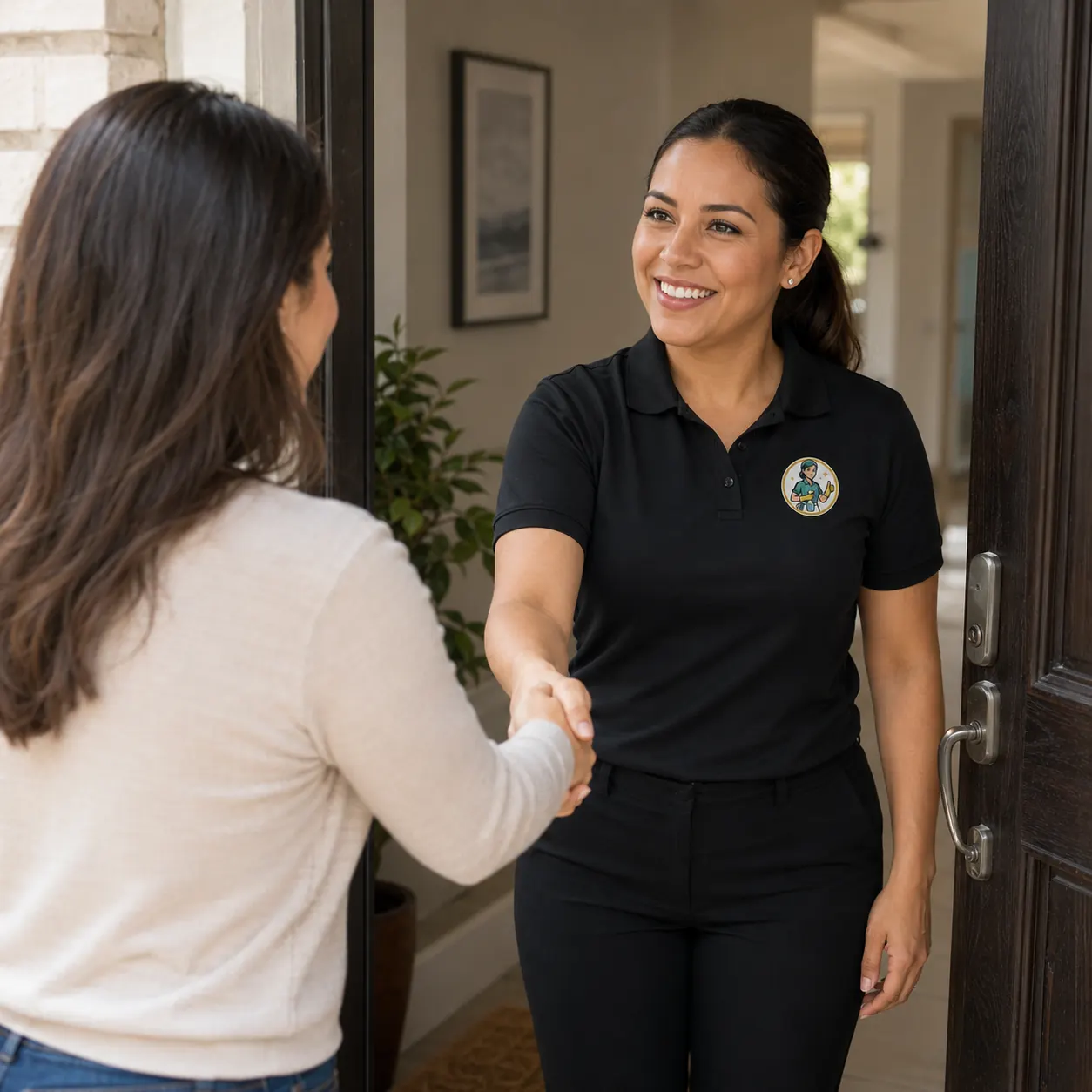 Hygiene Maids cleaner in uniform greeting a customer at the front door of a Plano home