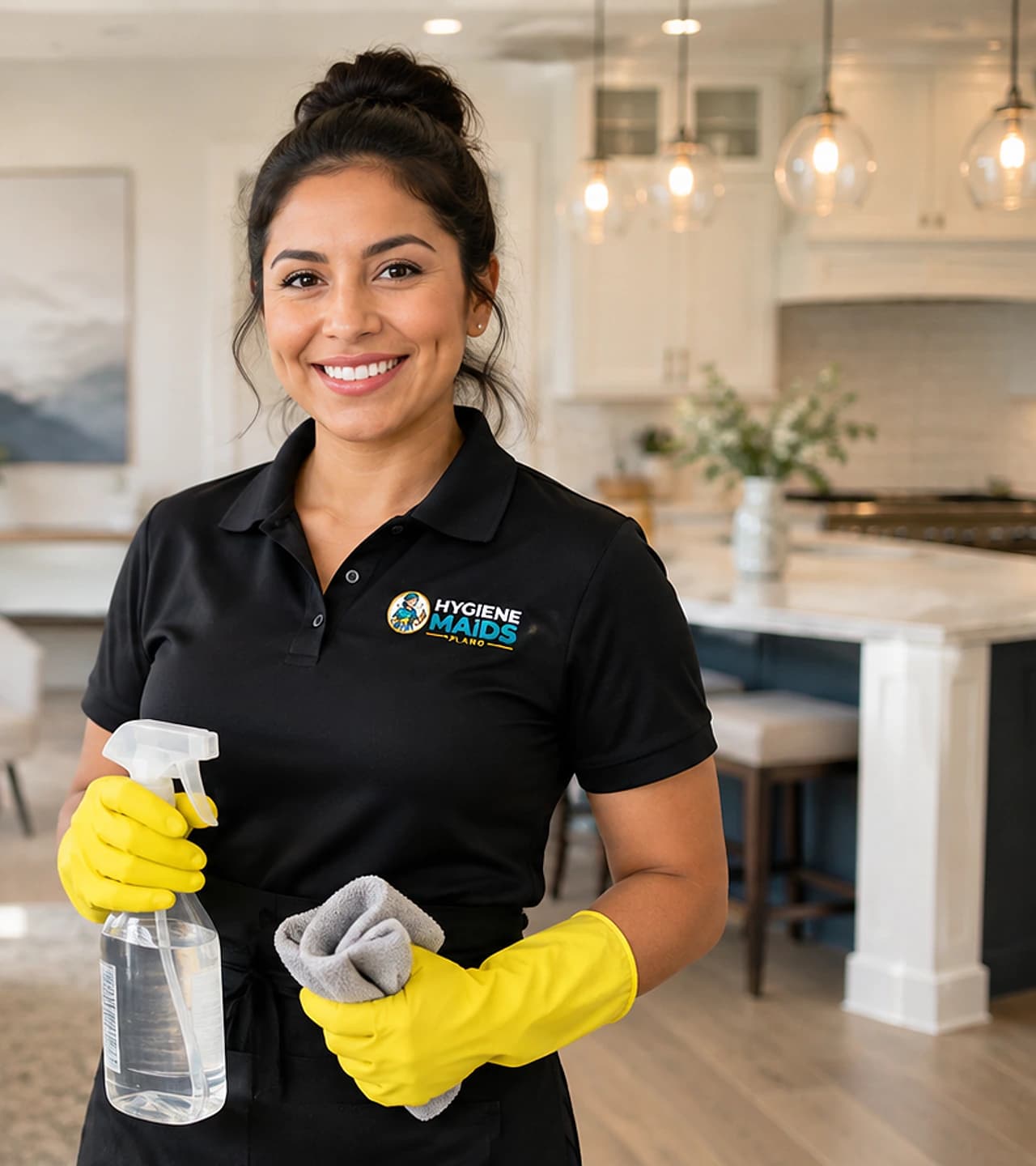 Hygiene Maids cleaner in branded uniform in the kitchen of a Plano home