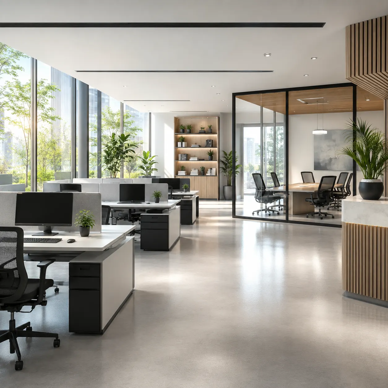 Plano office workspace with a glass-walled conference room and cleaned desks