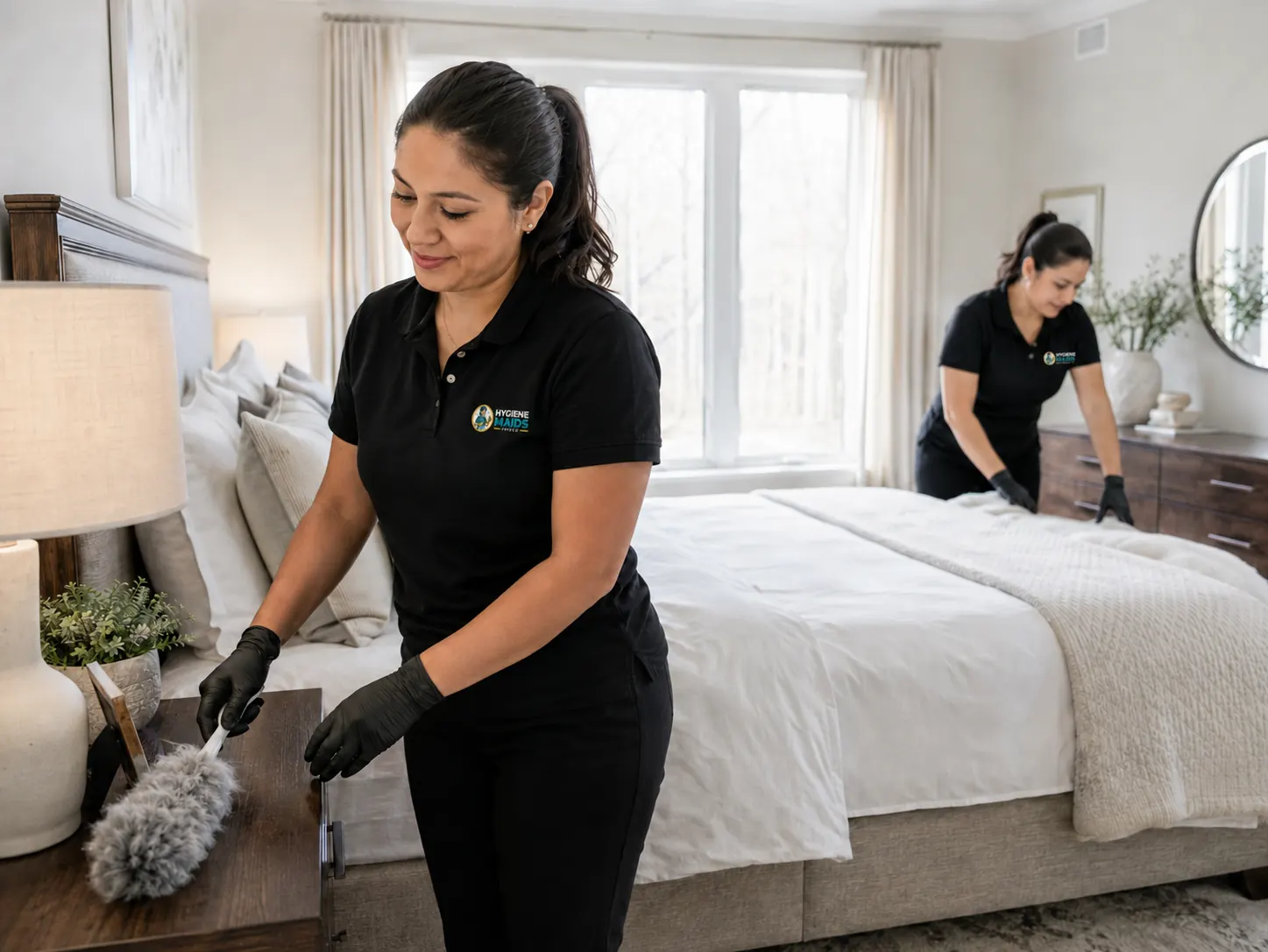 Two cleaners resetting a bedroom during a short-term rental turnover in a Plano property