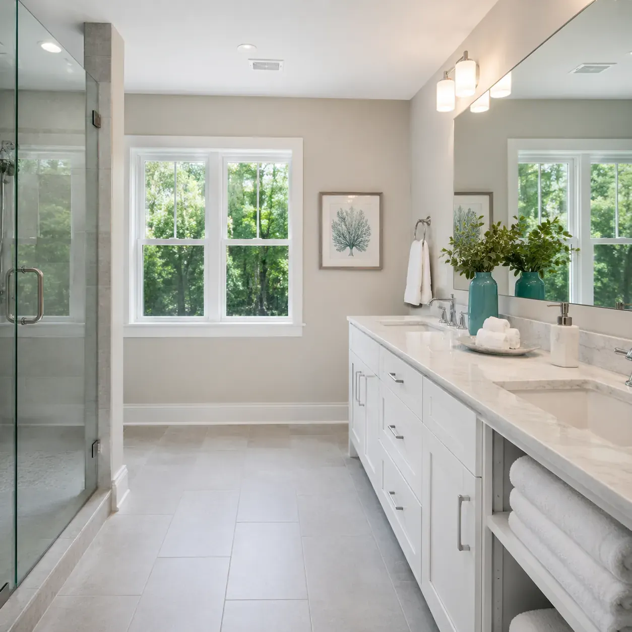 Double vanity and glass shower enclosure in a Plano bathroom after a deep cleaning