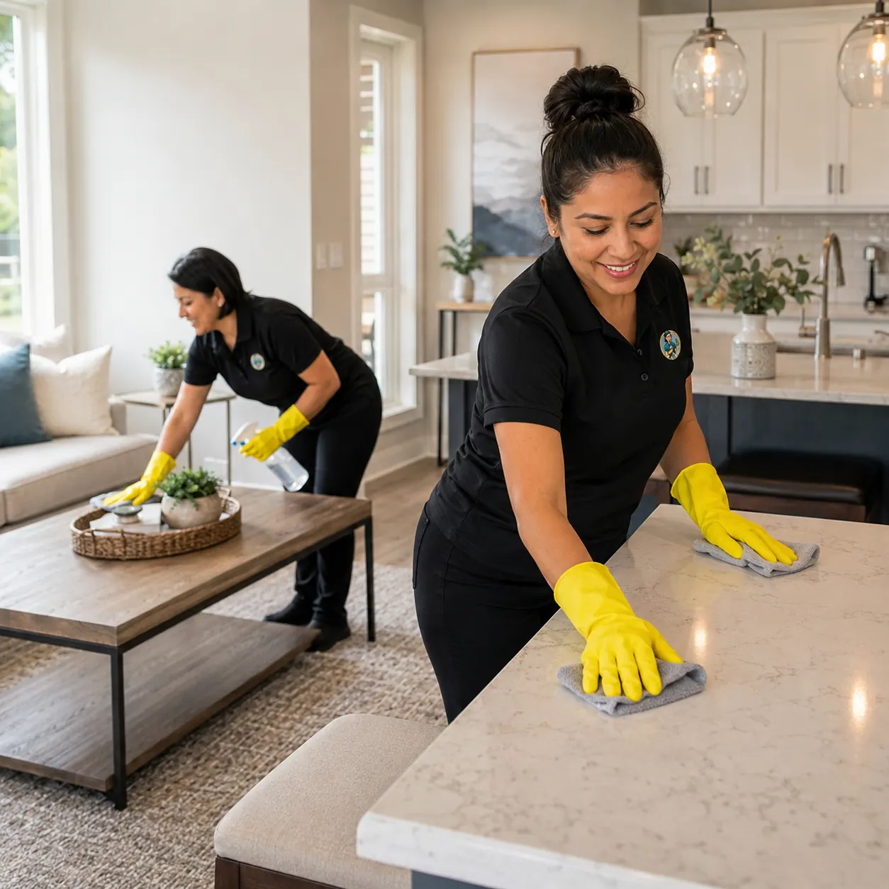 Hygiene Maids of Plano cleaner wiping down a kitchen island during a house cleaning visit