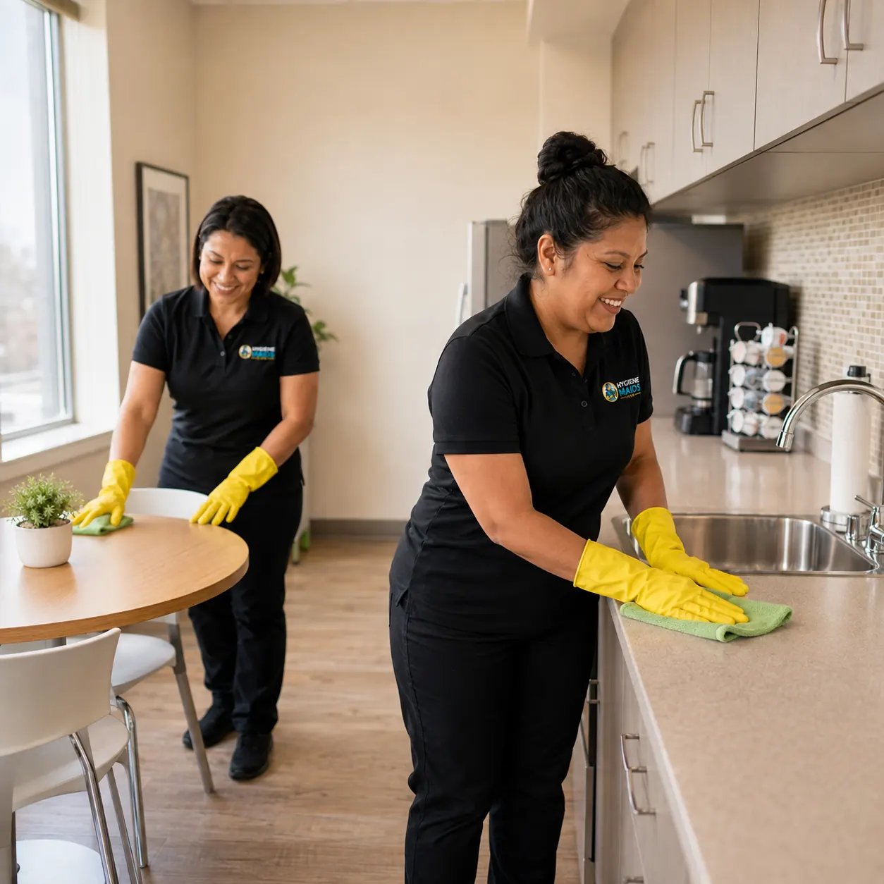 Hygiene Maids cleaners cleaning the breakroom counter and kitchenette in a Plano workplace