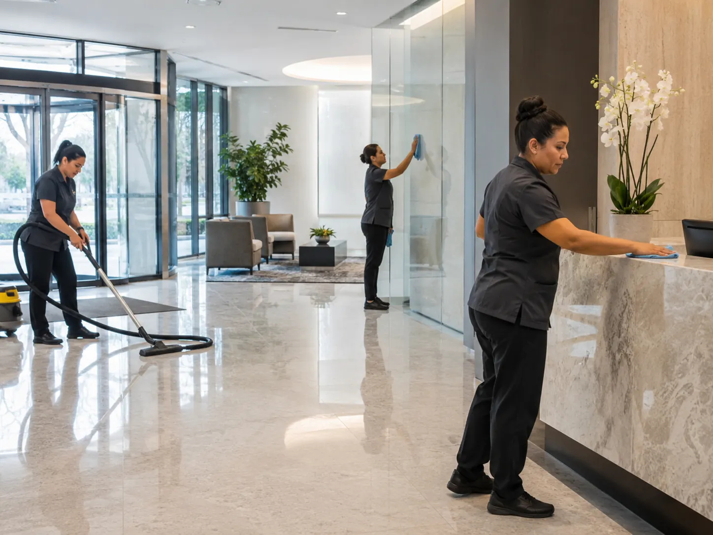 Hygiene Maids cleaners working through the lobby of a Plano commercial building