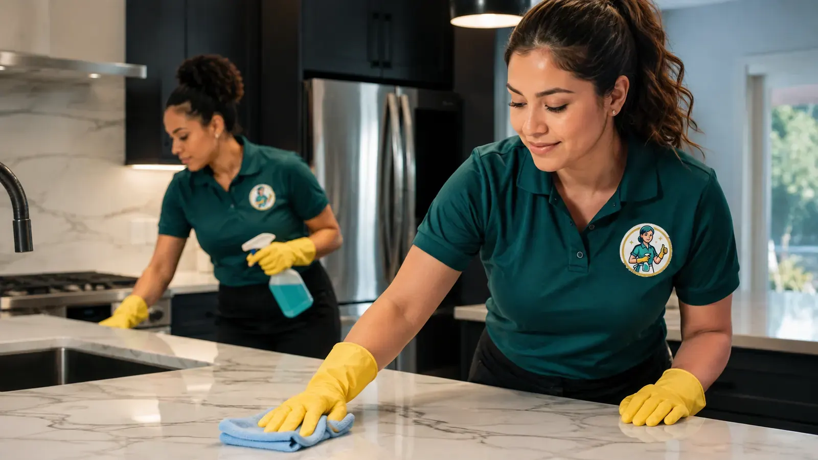 Two cleaners working along kitchen counters during a deep cleaning in a Plano home