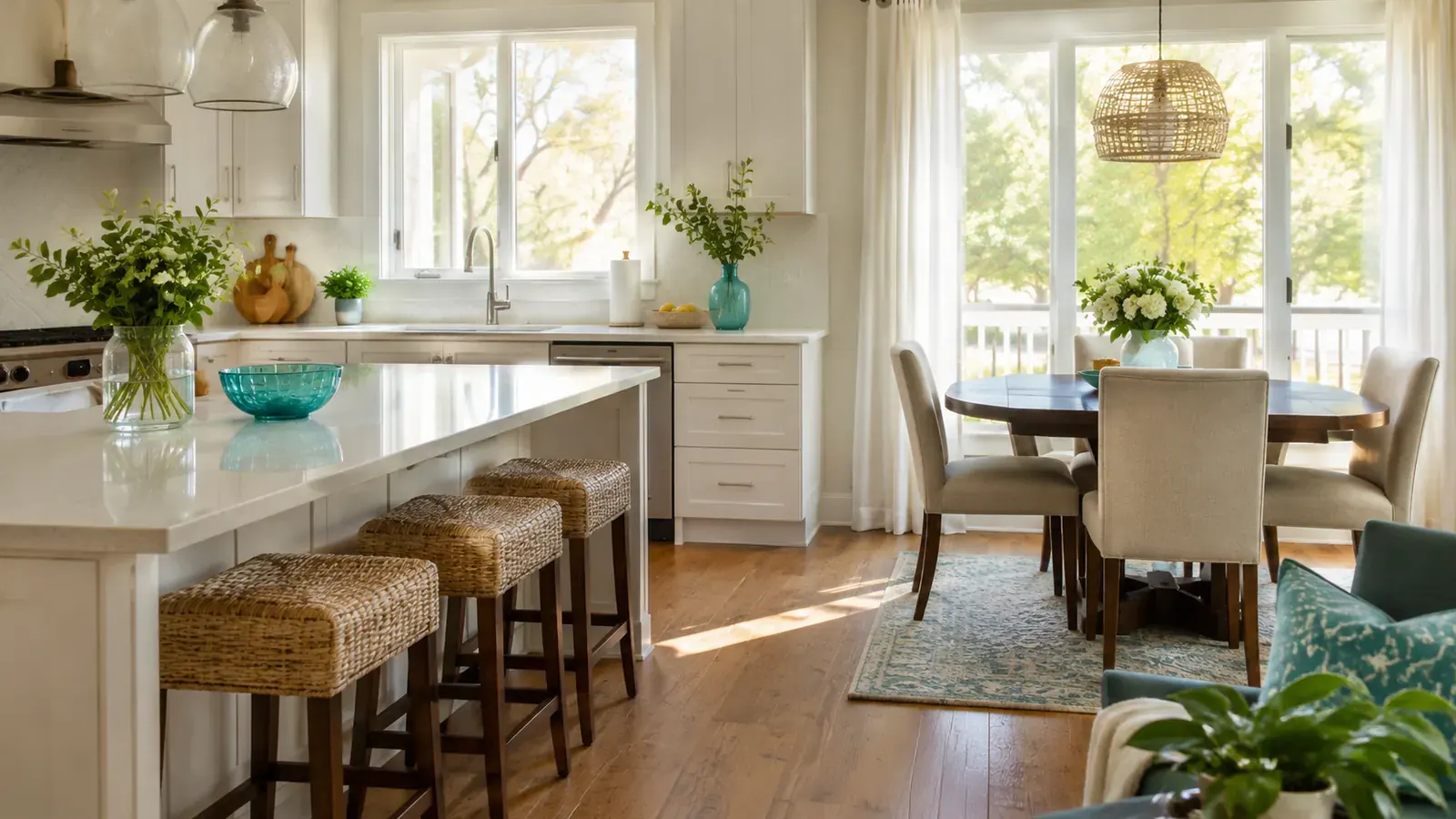 Open-plan kitchen and dining area in a Plano home after a cleaning visit