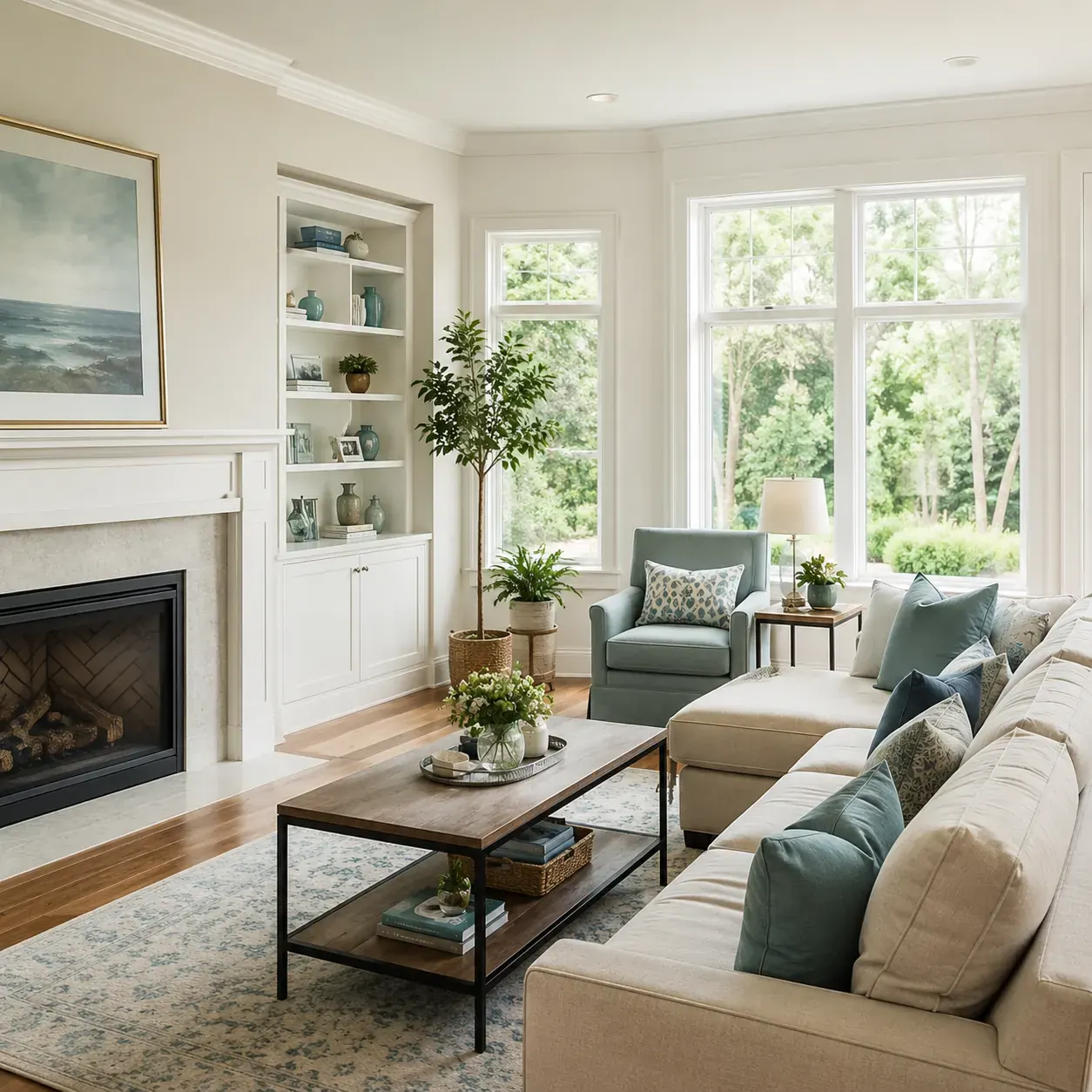 Living room with a fireplace in a Plano home, kept level between recurring cleaning visits