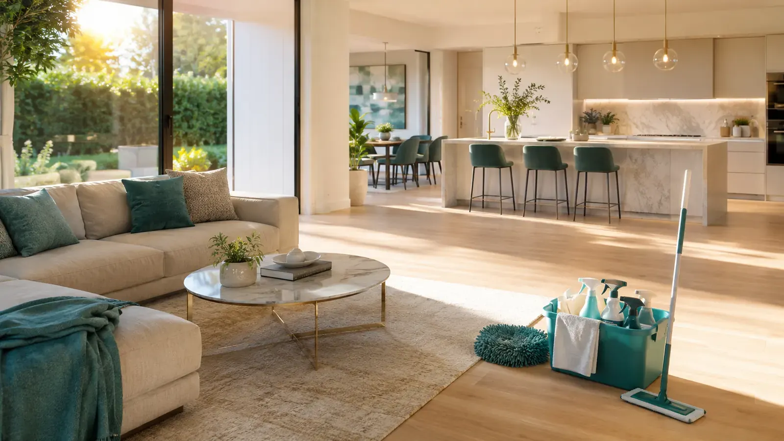 Open-plan living space in a Plano home with a mop and cleaning caddy set out ready for a visit