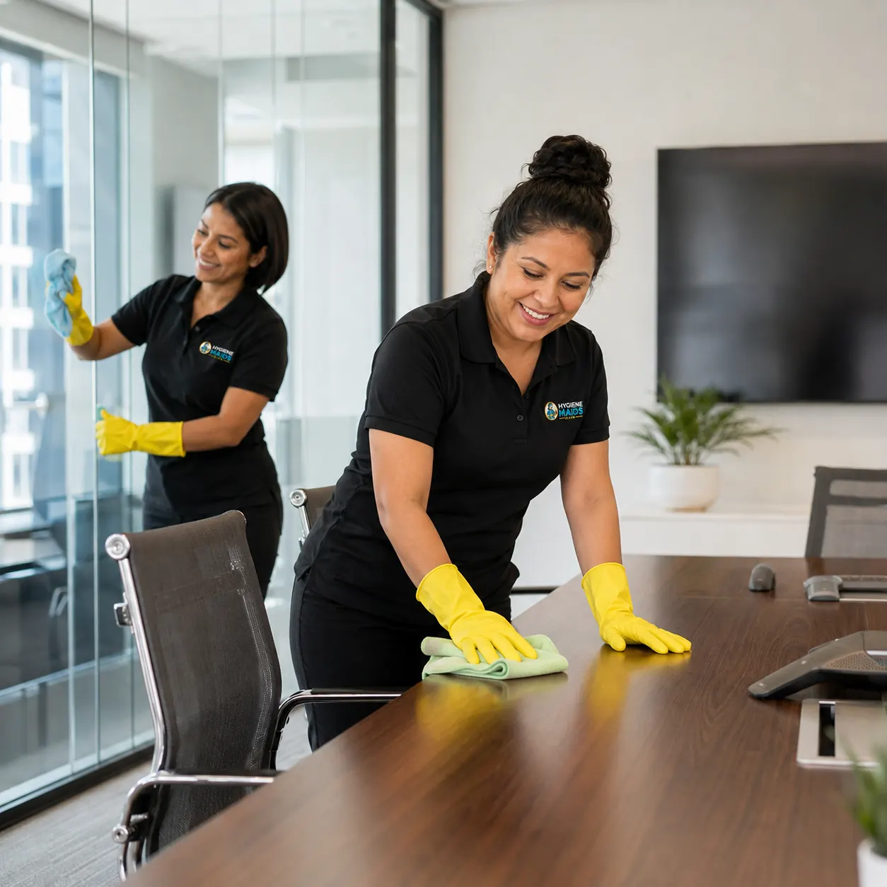 Hygiene Maids cleaner wiping down a conference room table in a Plano office