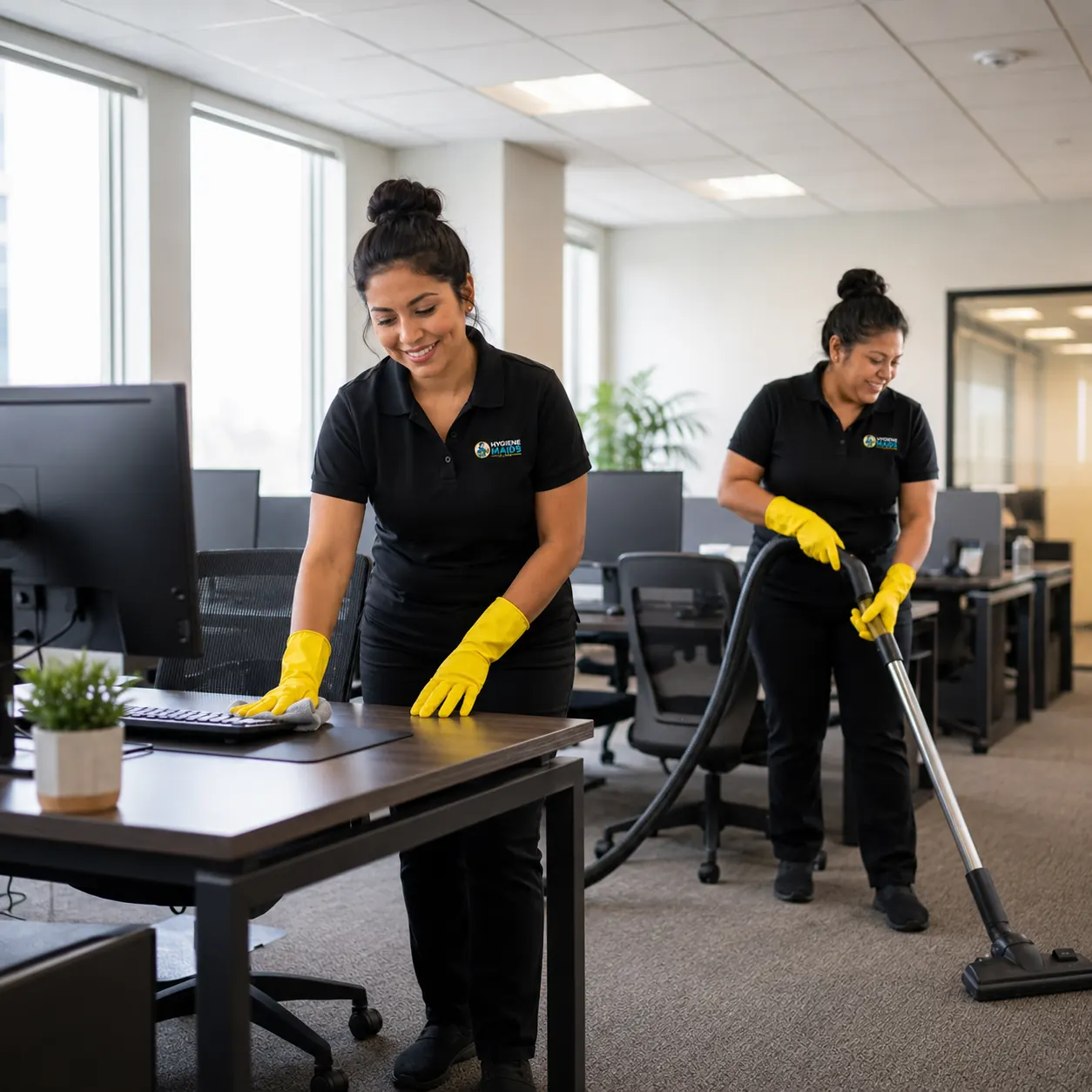 Hygiene Maids cleaners vacuuming and wiping workstations in a Plano open-plan office