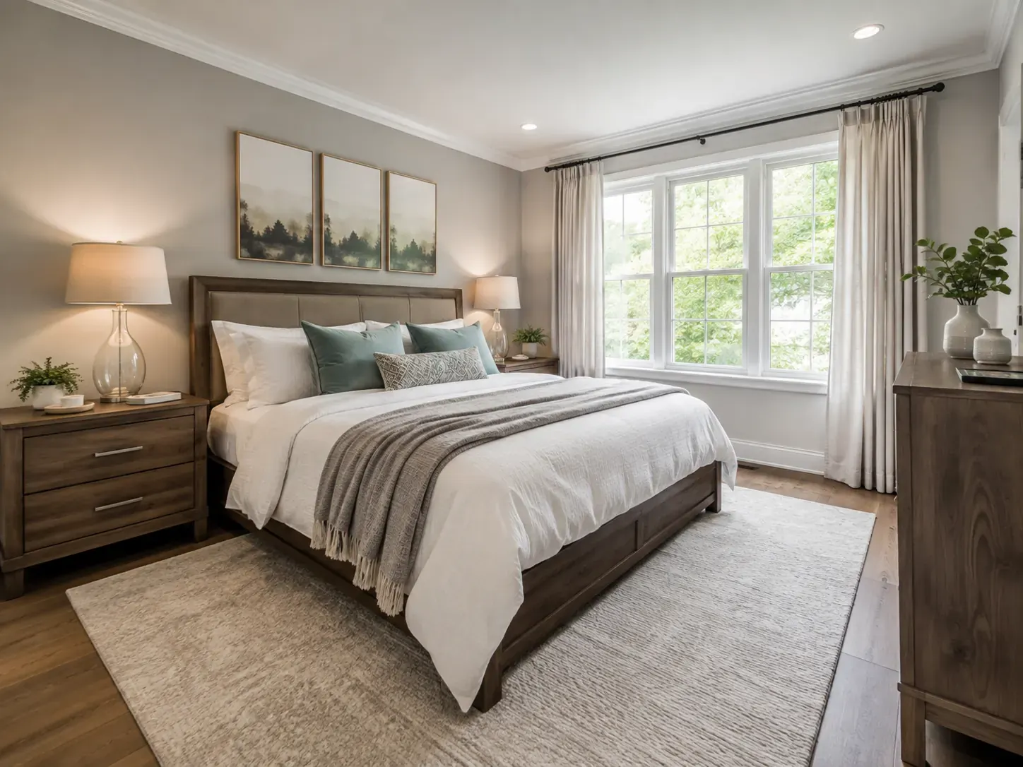 Primary bedroom in a Plano home with the bed made and surfaces dusted after a house cleaning