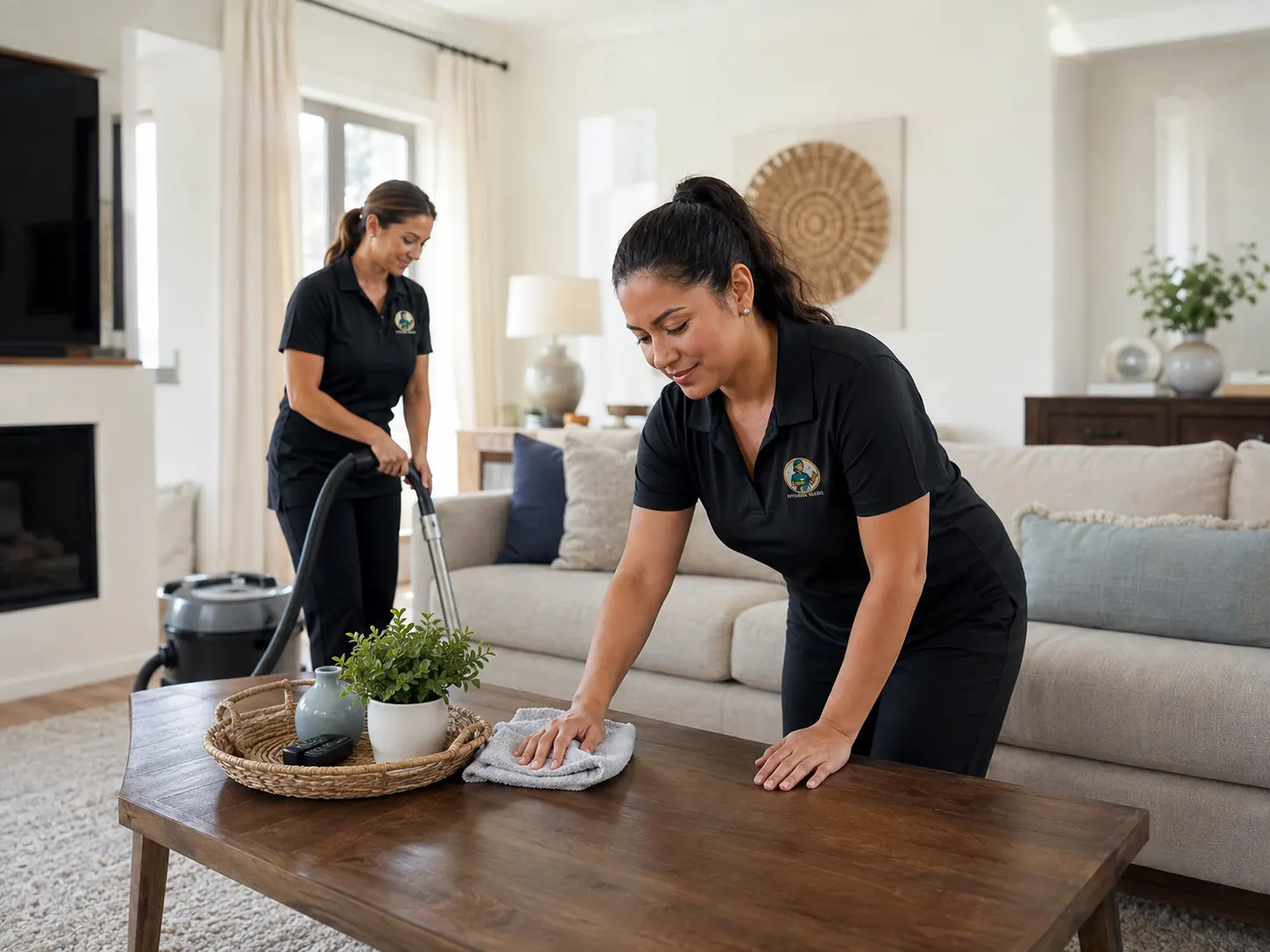 Two Hygiene Maids cleaners working through a Plano living room during a recurring cleaning visit