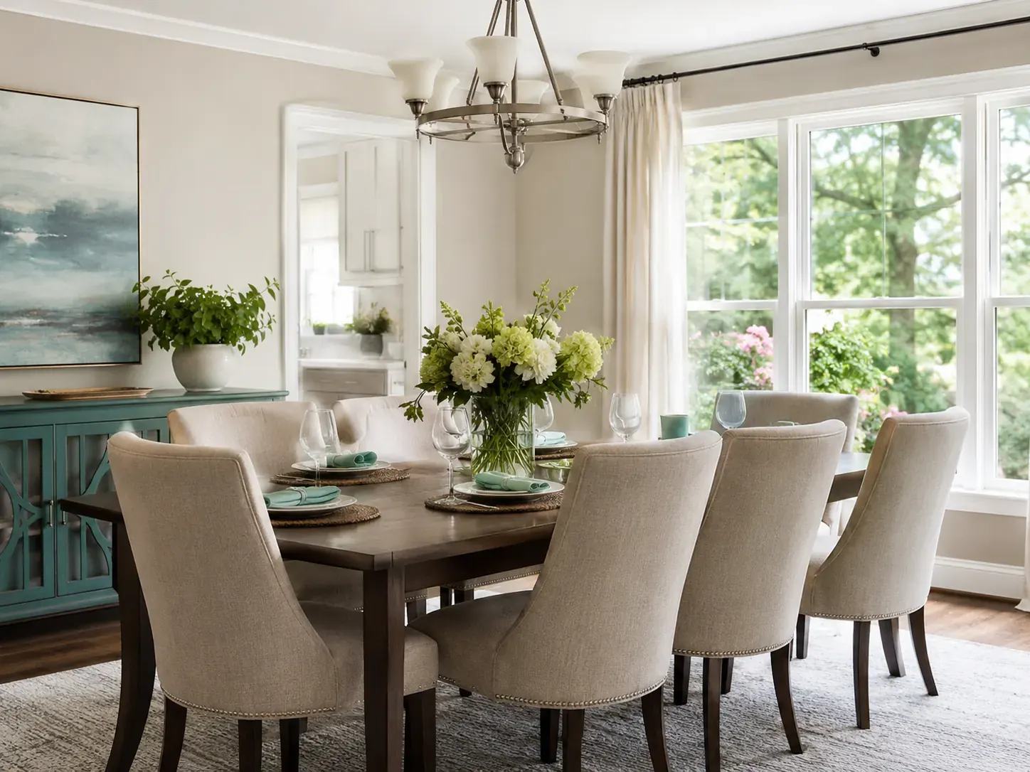 Dining table set and the room reset to a guest-ready standard in a Plano rental property
