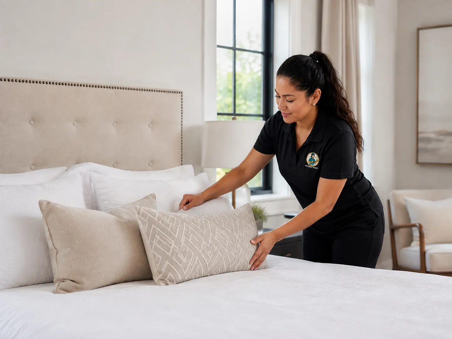 Hygiene Maids cleaner arranging pillows and making a bed during a house cleaning visit