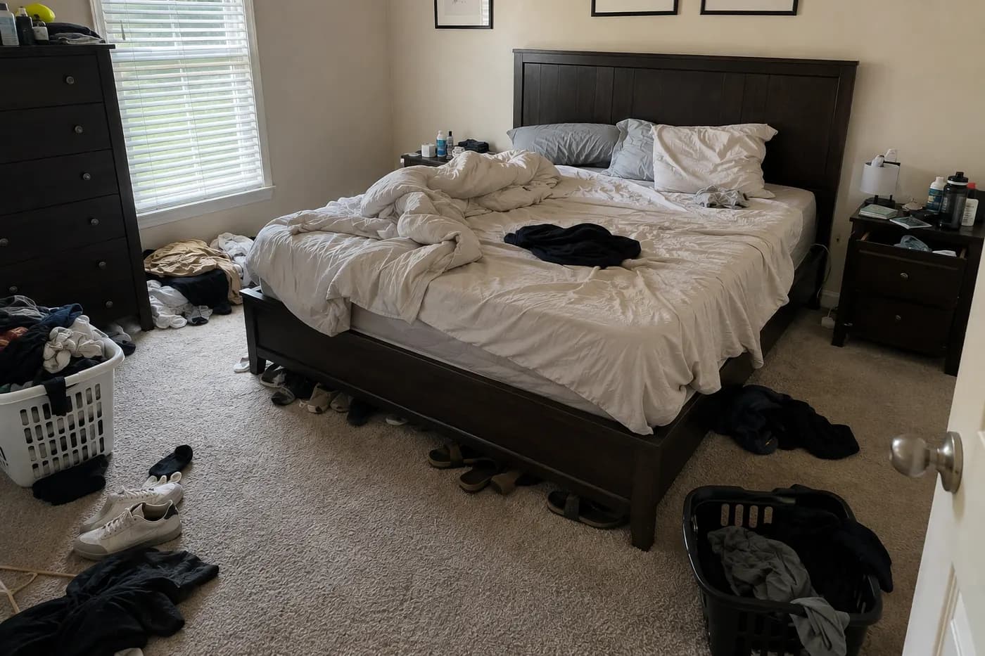 Bedroom with belongings and laundry scattered before a move-out clean