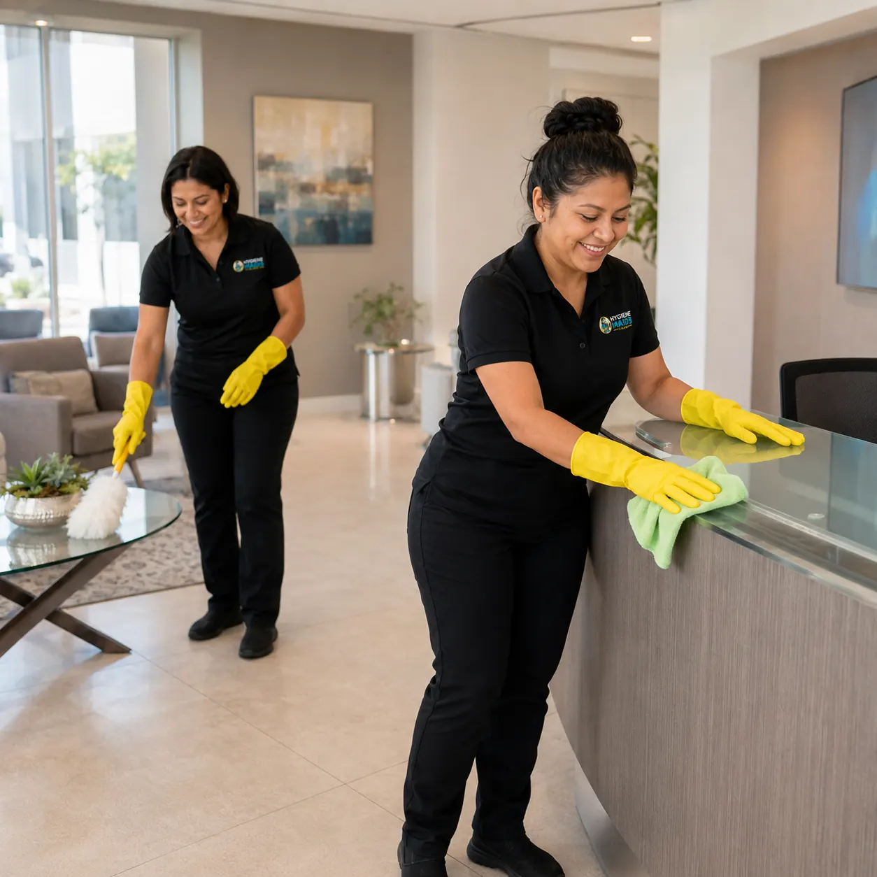 Cleaner wiping down a reception desk in a Plano workplace