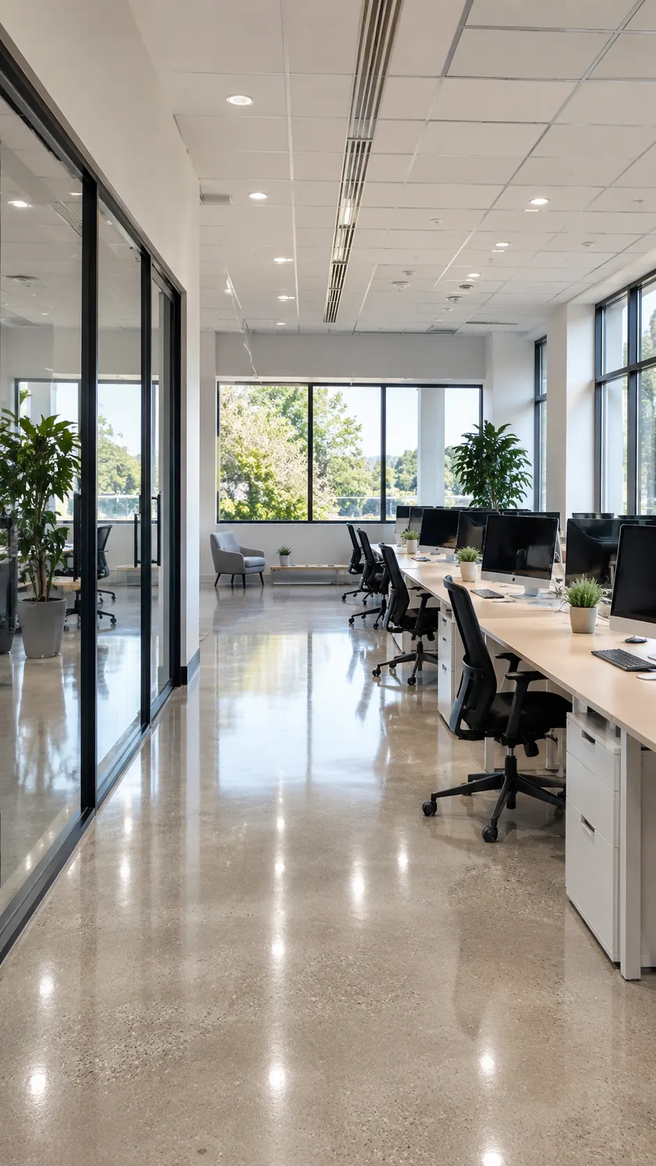 Newly finished workspace after a final clean, with clear desks and polished floors