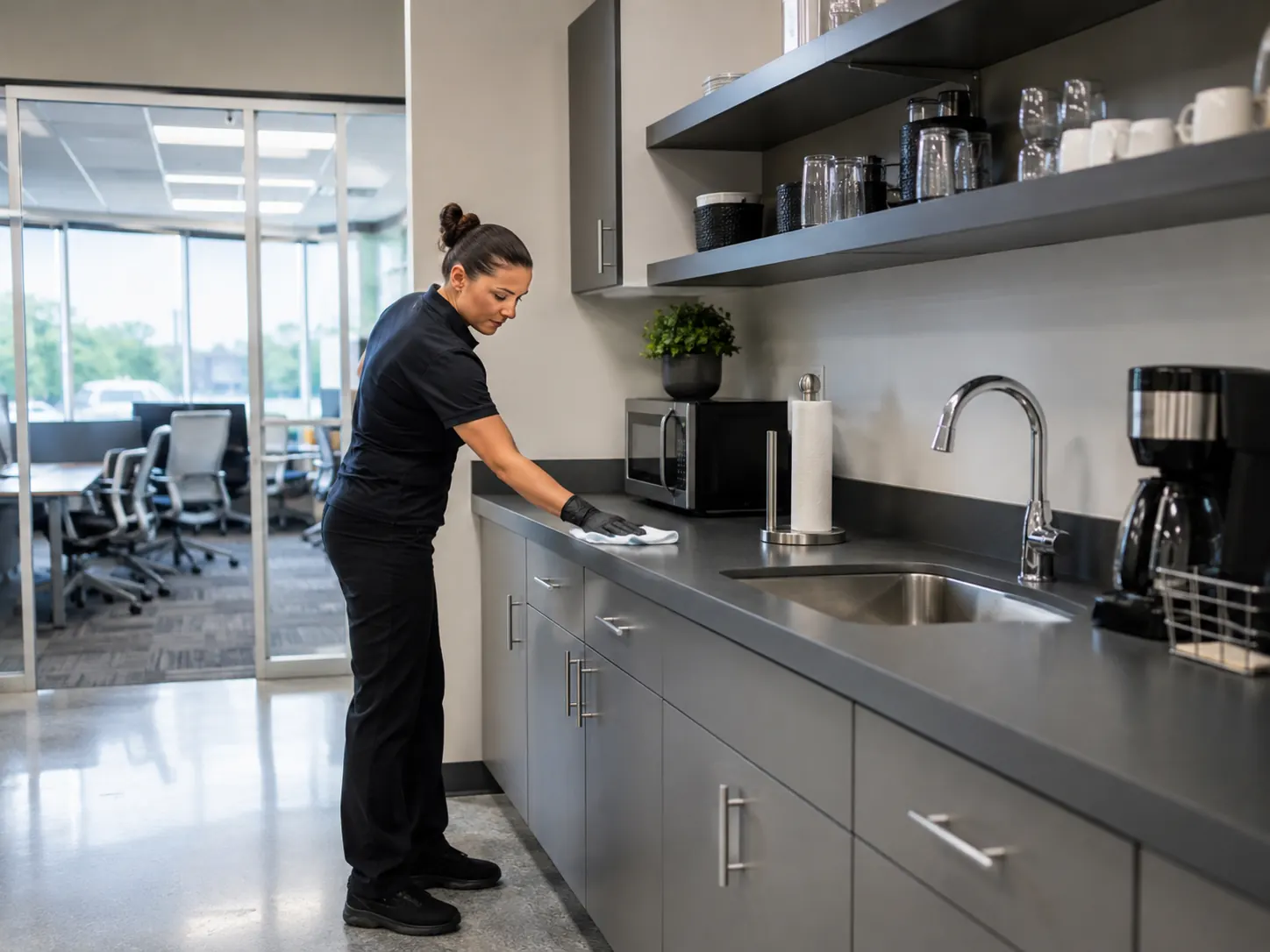 Cleaner wiping down the counter and sink in an office breakroom