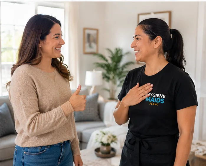Hygiene Maids cleaner talking with a customer in a Plano living room