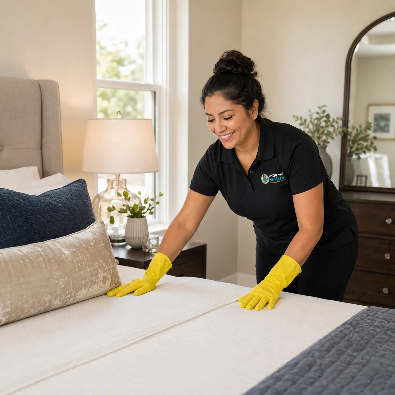 Hygiene Maids cleaner making the bed in a Plano apartment bedroom