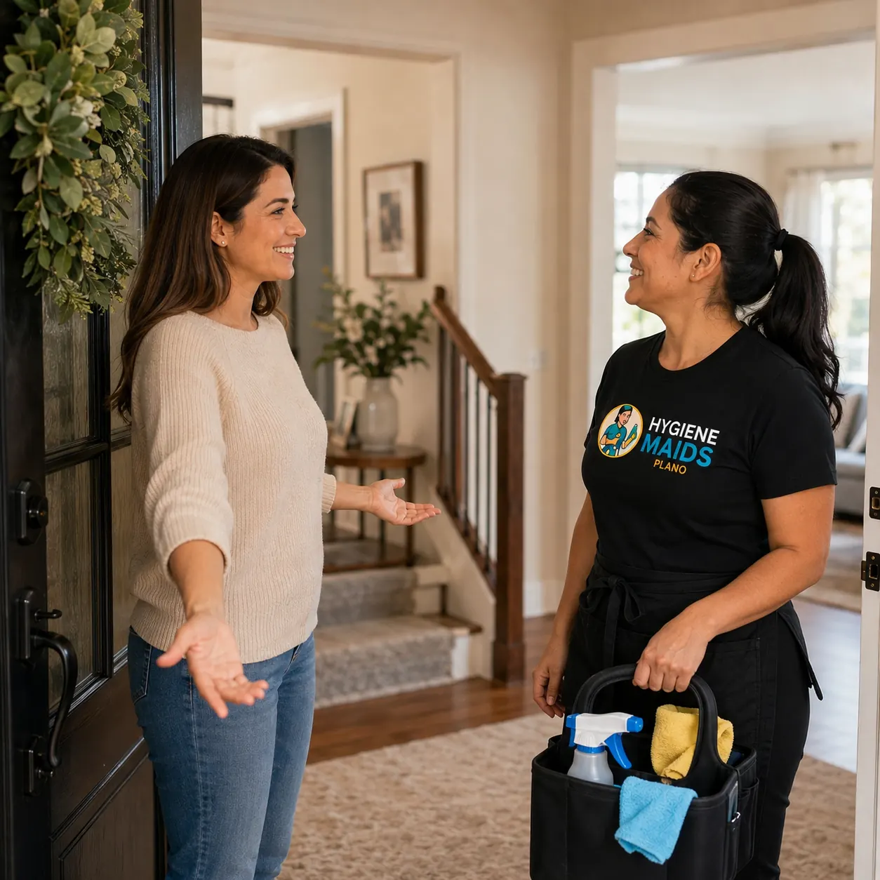Hygiene Maids of Plano cleaner being welcomed into a home at the start of a scheduled visit