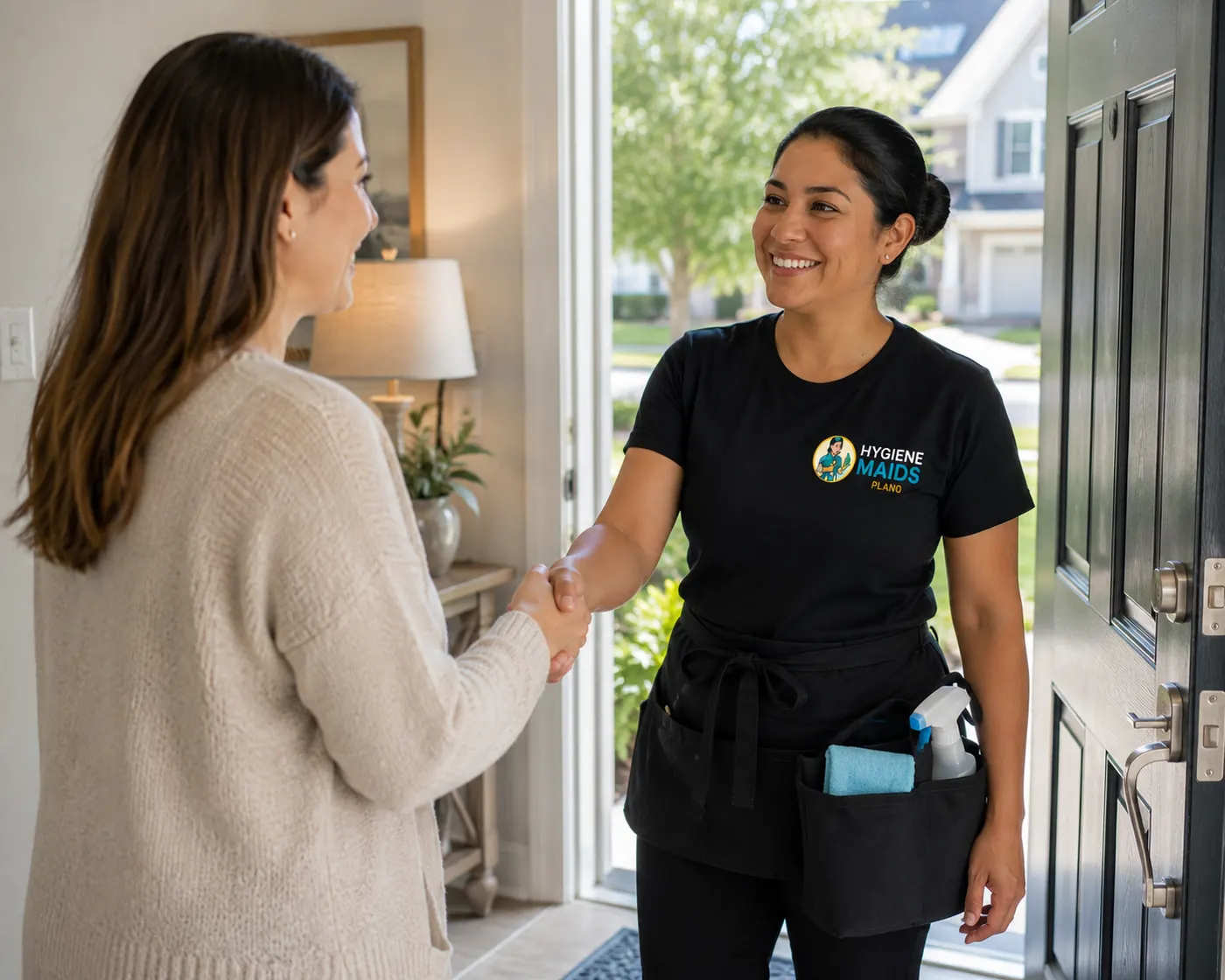 A Plano homeowner opening the front door to a Hygiene Maids cleaner arriving for a visit