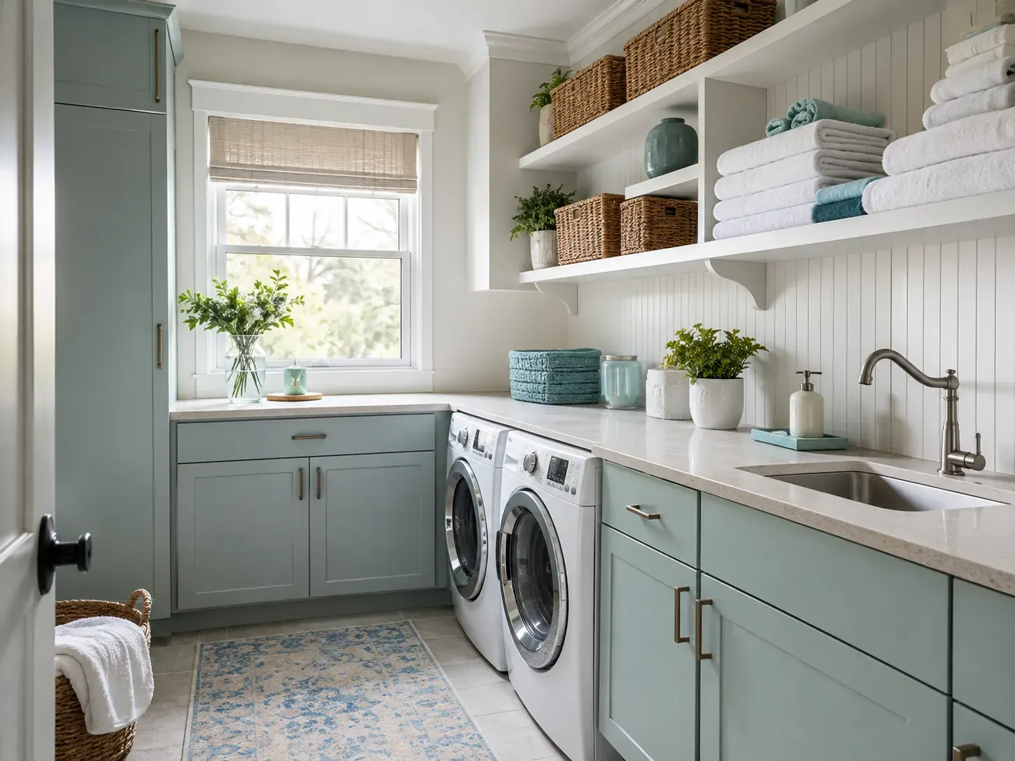 Laundry room in a Plano home cleaned around the washer and dryer connections before move-in