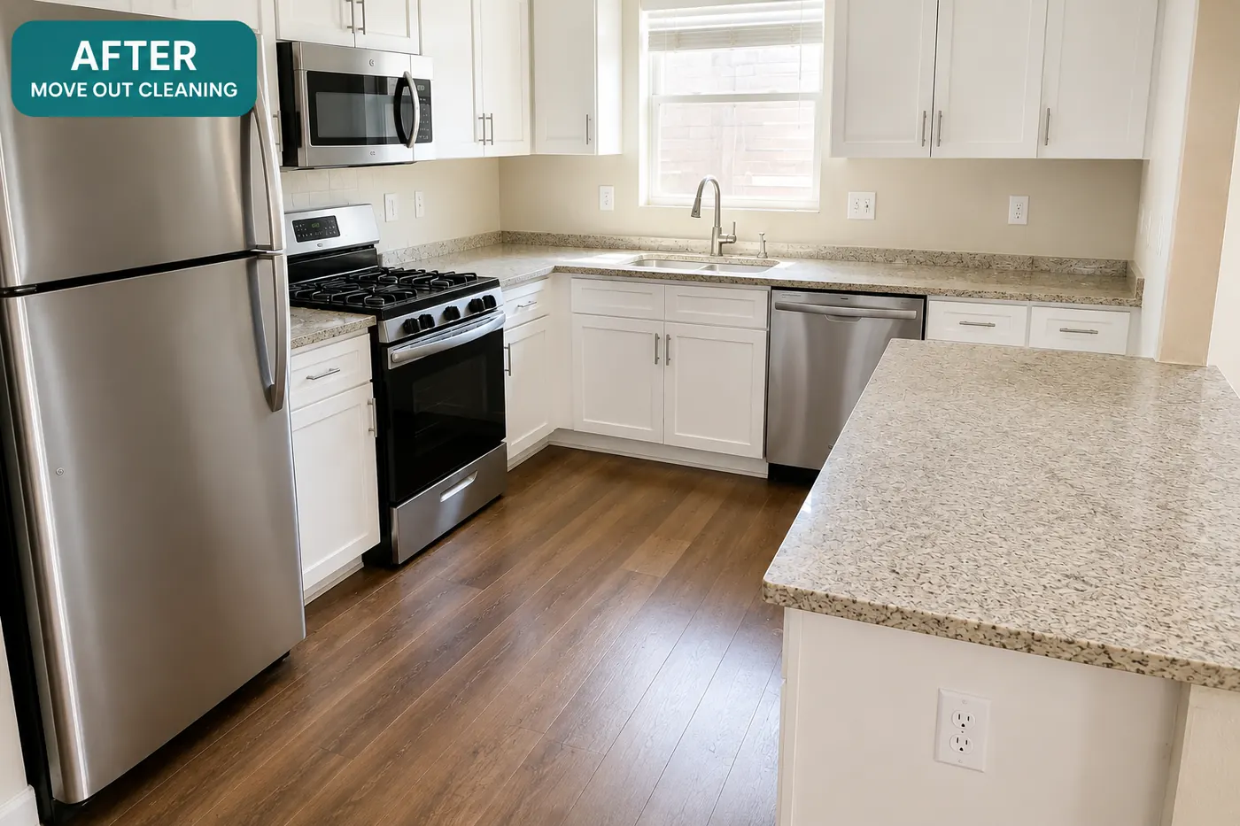 The same Plano kitchen after a move-out clean, with the floor, counters and appliances cleaned