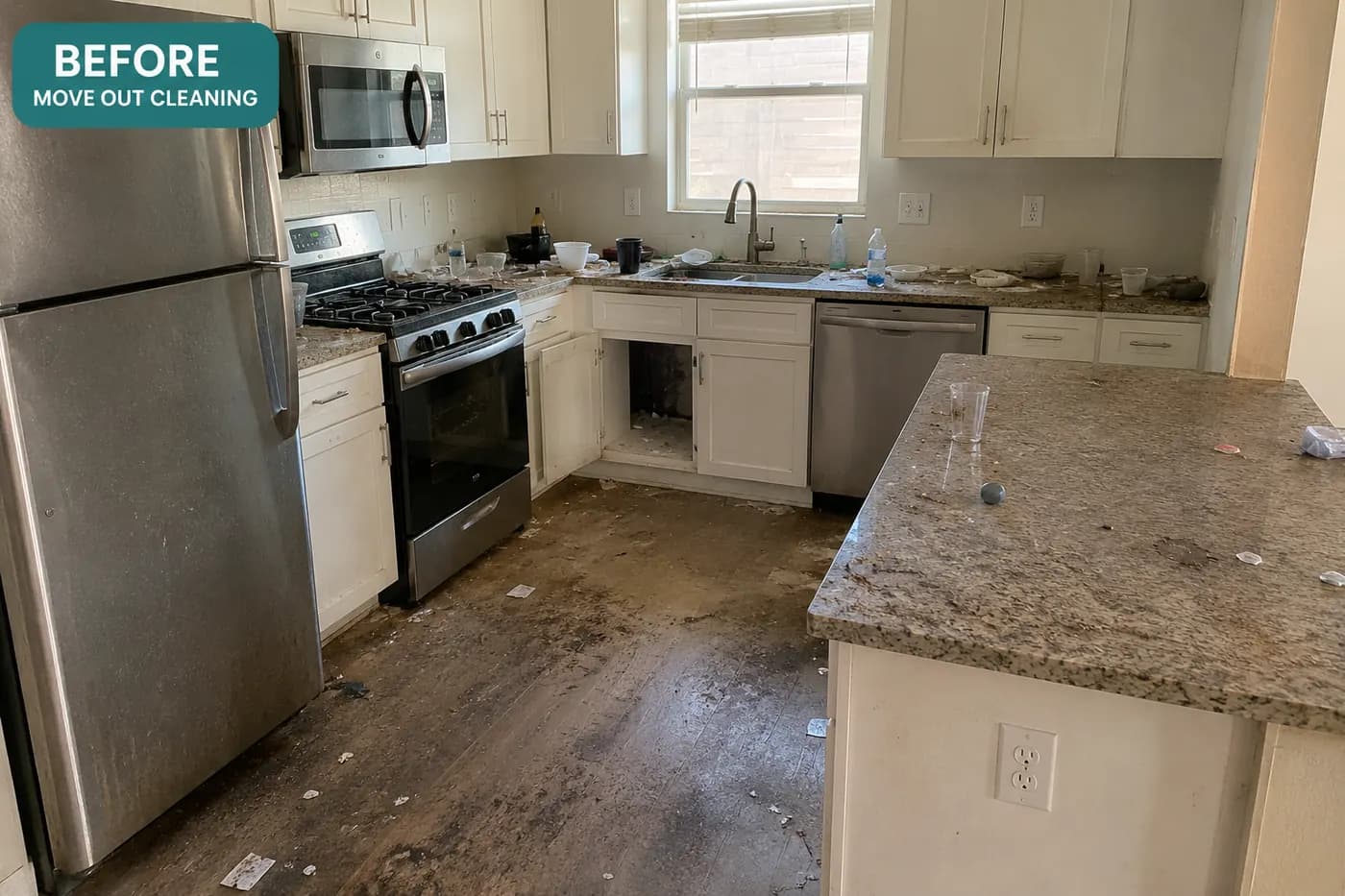 Emptied Plano kitchen before a move-out clean, with a marked floor and debris left on the counters