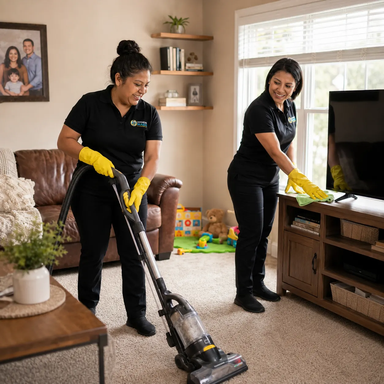 Cleaners vacuuming and dusting a Plano rental property during a tenant turnover
